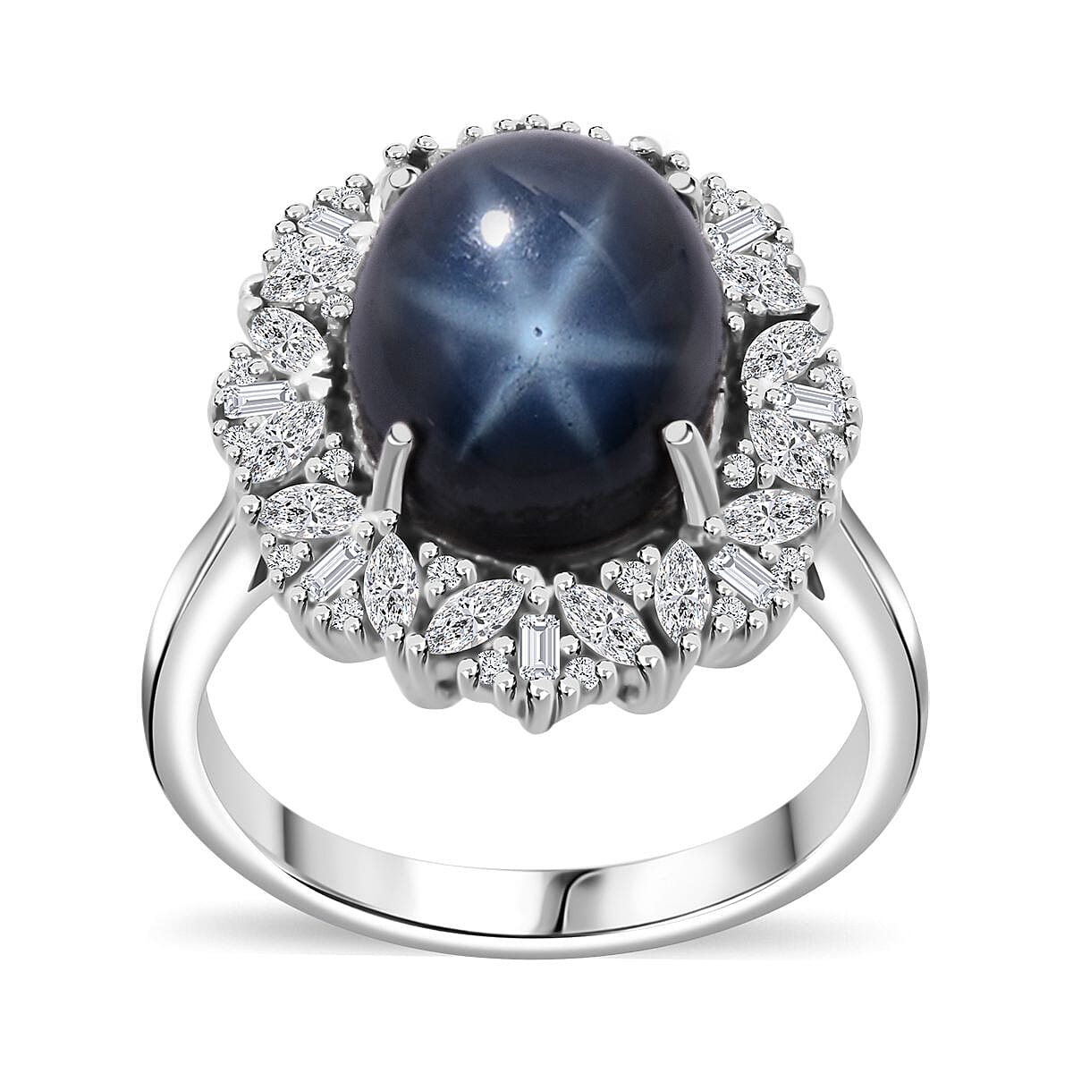 Doorbuster Blue Star Sapphire (DF), White Zircon Ring in Rhodium Over Sterling Silver (Size 8.0) 8.65 ctw