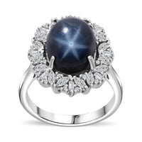 Doorbuster Blue Star Sapphire (DF), White Zircon Ring in Rhodium Over Sterling Silver (Size 8.0) 8.65 ctw