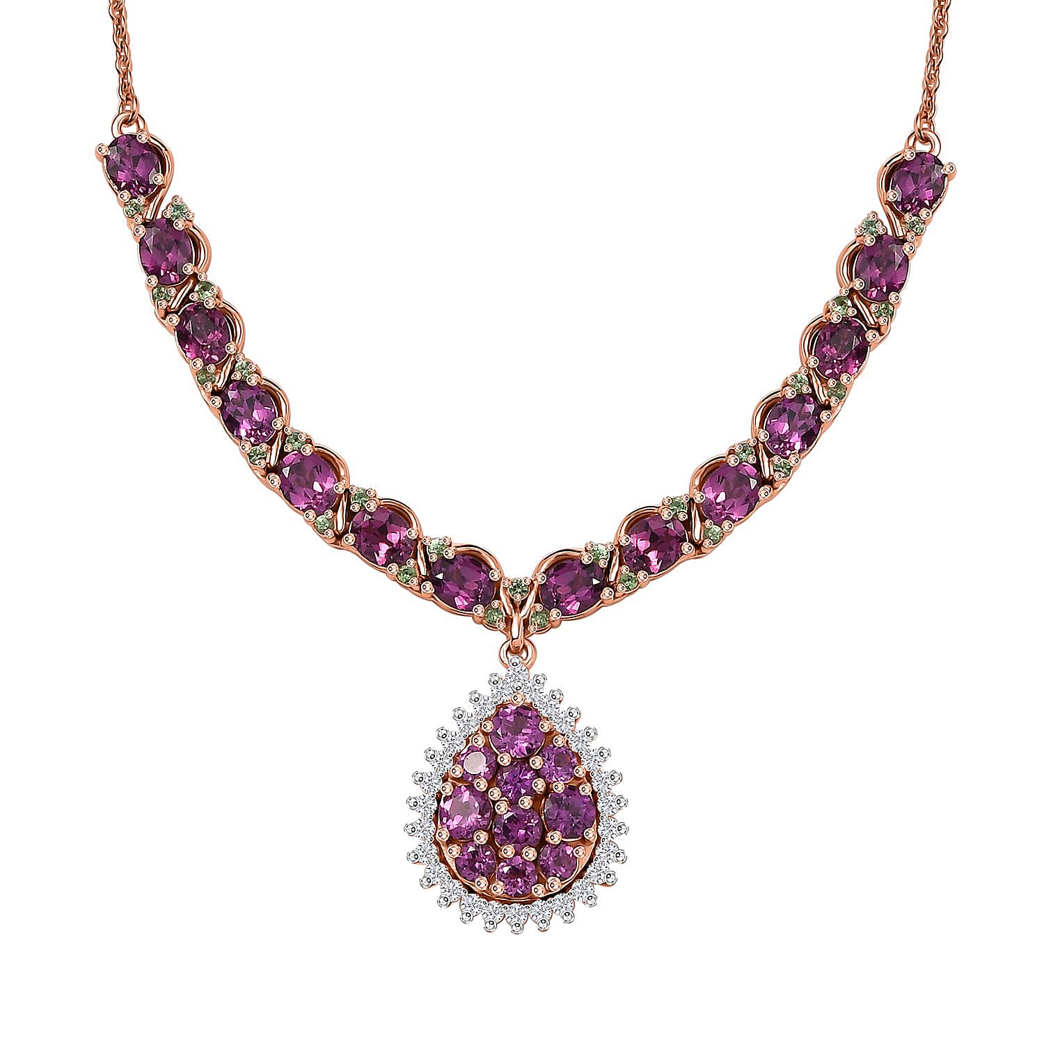 D'Joy AAA Radiant Ember Garnet and Multi Gemstone 8.70 ctw Petals Vine Necklace in 18K Vermeil Rose Gold Over Sterling Silver 18 Inches