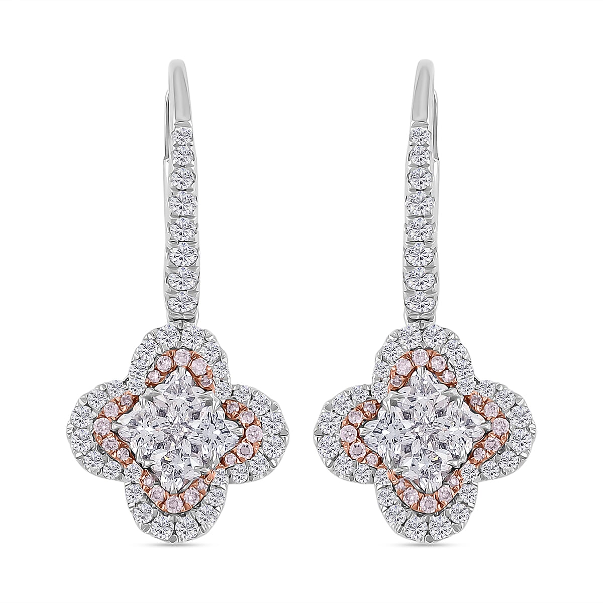 Modani G VVS Natural White and Pink Diamond 1.70 ctw Earrings in 950 Platinum and 18K White and Rose Gold 7.10 Grams