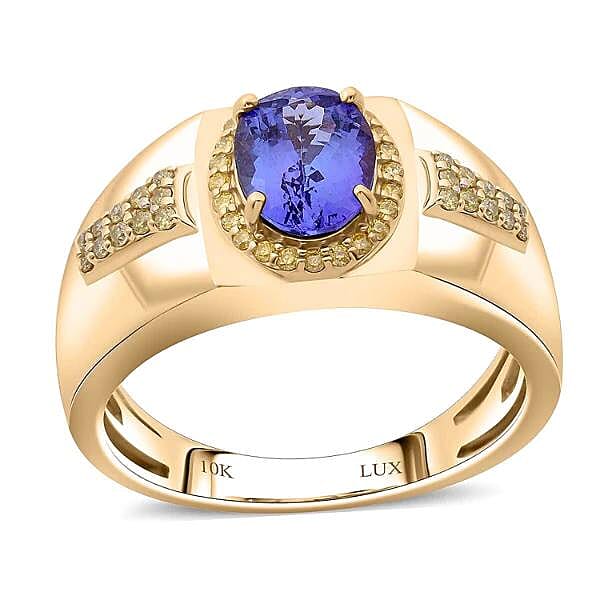 Doorbuster Luxoro 10K Yellow Gold AAA Tanzanite, Natural Yellow Diamond (I3) (0.30 cts) Ring (Size 10.0) (8 g) 2.15 ctw