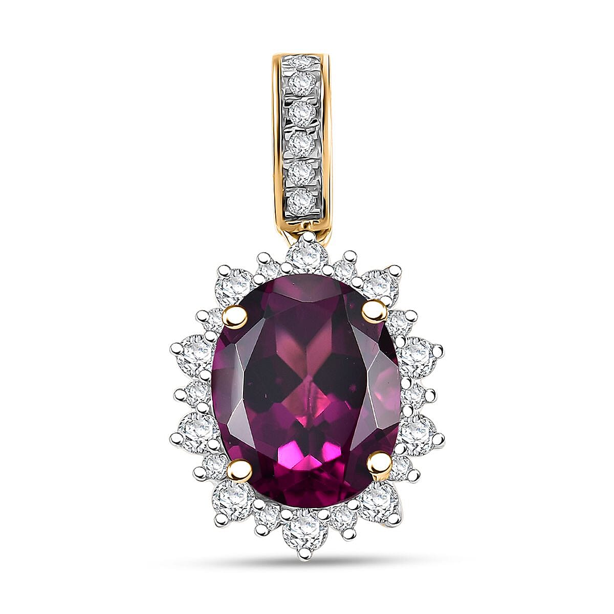 Certified & Appraised Luxoro AAA Radiant Ember Garnet and I2 Diamond 3.61 ctw Sunburst Pendant in 10K Yellow Gold