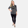 Tamsy Black Plaid Crystal Leaf Button-Up Collared Blouse – S/M - Sticky add to cart bar