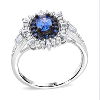 Ceylon Blue Sapphire, Moissanite Ring in Rhodium Over Sterling Silver (Size 10.0) 1.50 ctw