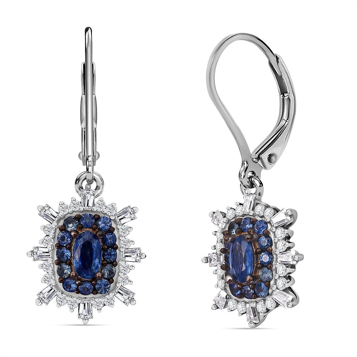 Blue Ceylon Sapphire, Moissanite Earrings in Rhodium Over Sterling Silver 2.10 ctw