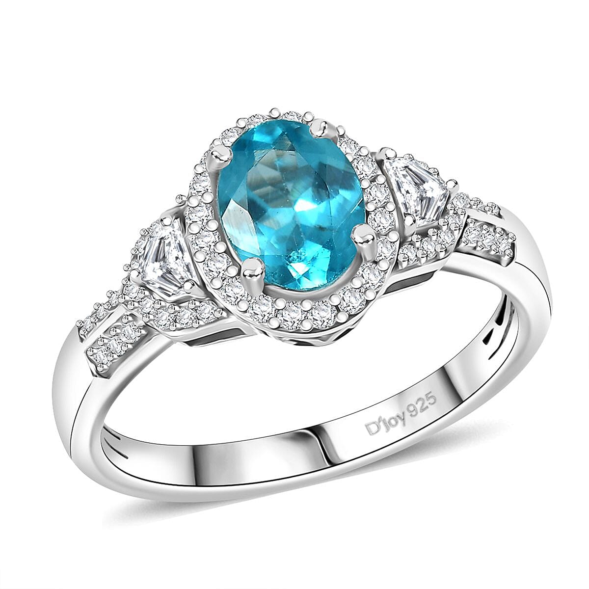 D'Joy Madagascar Lagoon Apatite and Moissanite 1.75 ctw Ring in Rhodium Over Sterling Silver (Size 10.0)