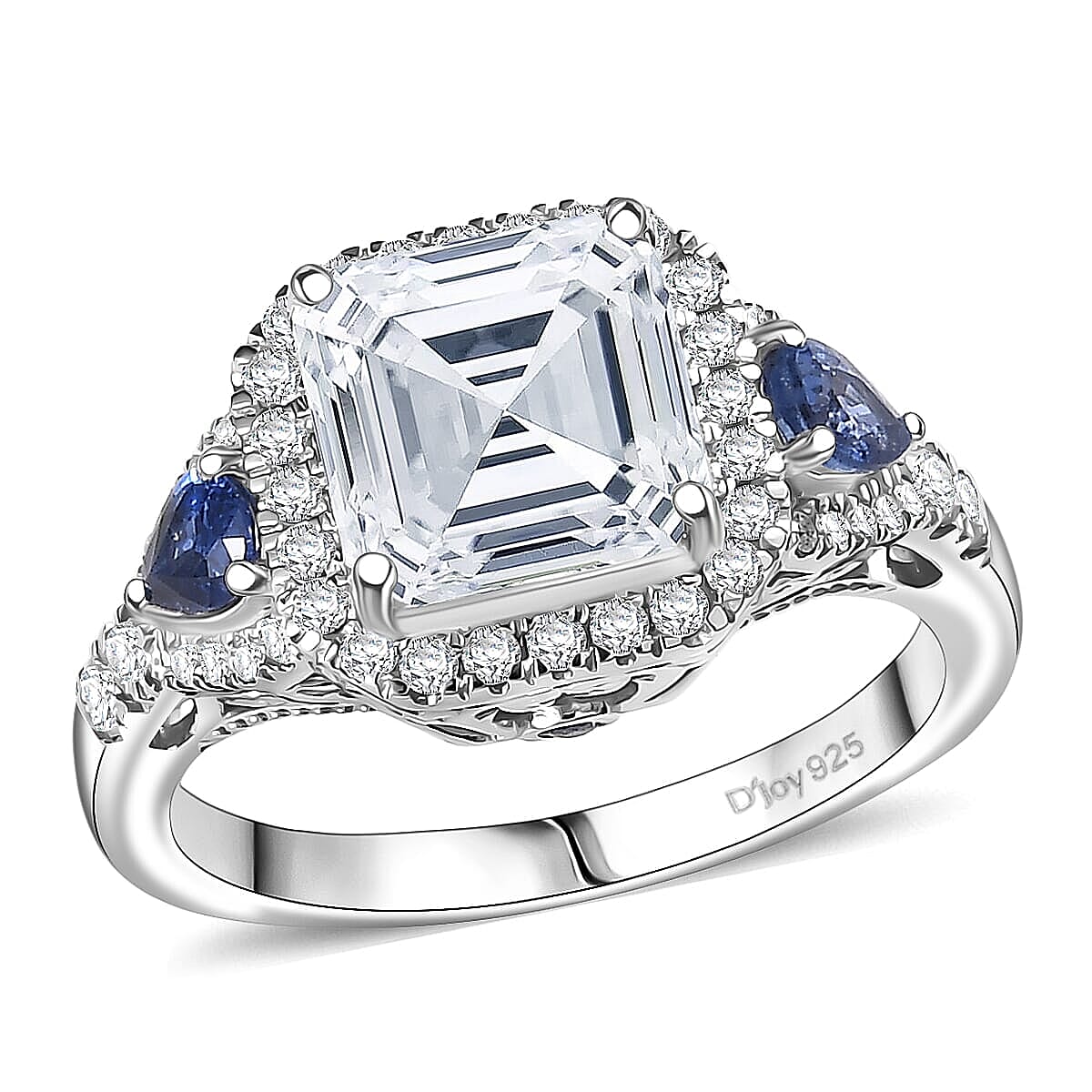 D'Joy Asscher Cut Moissanite (8x8 mm), Ceylon Blue Sapphire Ring in Rhodium Over Sterling Silver (Size 10.0) 3.85 ctw