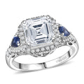 D'Joy Asscher Cut Moissanite (8x8 mm), Ceylon Blue Sapphire Ring in Rhodium Over Sterling Silver (Size 10.0) 3.85 ctw - Sticky add to cart bar