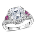 D'Joy Asscher Cut Moissanite (8x8 mm), Ceylon Blue Sapphire Ring in Rhodium Over Sterling Silver (Size 10.0) 3.85 ctw - Sticky add to cart bar