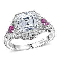 D'Joy Asscher Cut Moissanite (8x8 mm), Ceylon Blue Sapphire Ring in Rhodium Over Sterling Silver (Size 10.0) 3.85 ctw