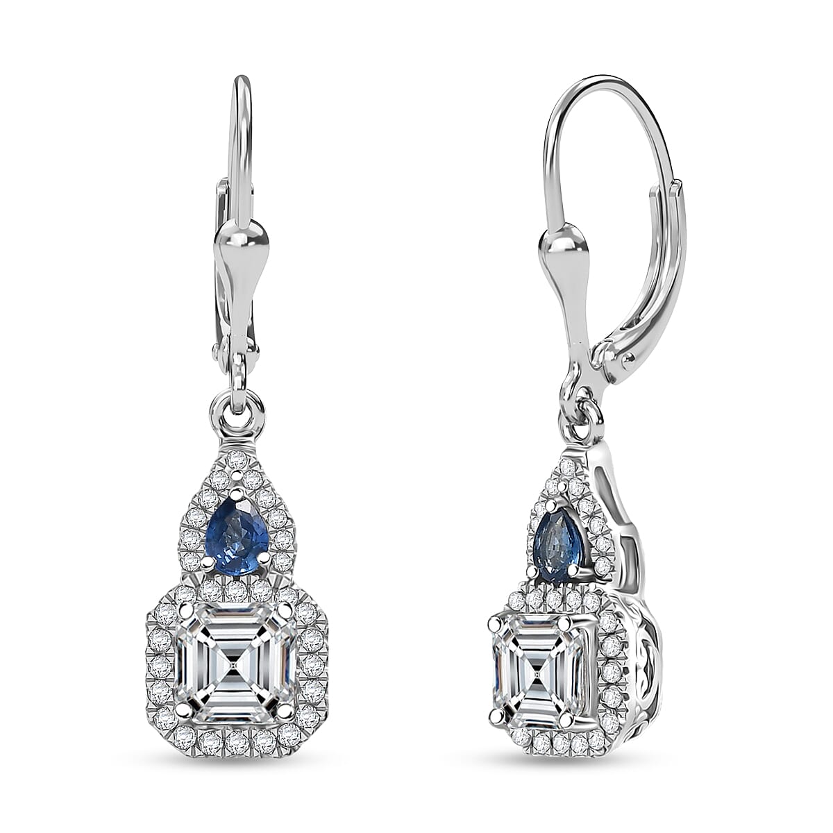 D'Joy Asscher Cut Moissanite (6x6mm), Ceylon Blue Sapphire Earrings in Rhodium Over Sterling Silver 3.60 ctw