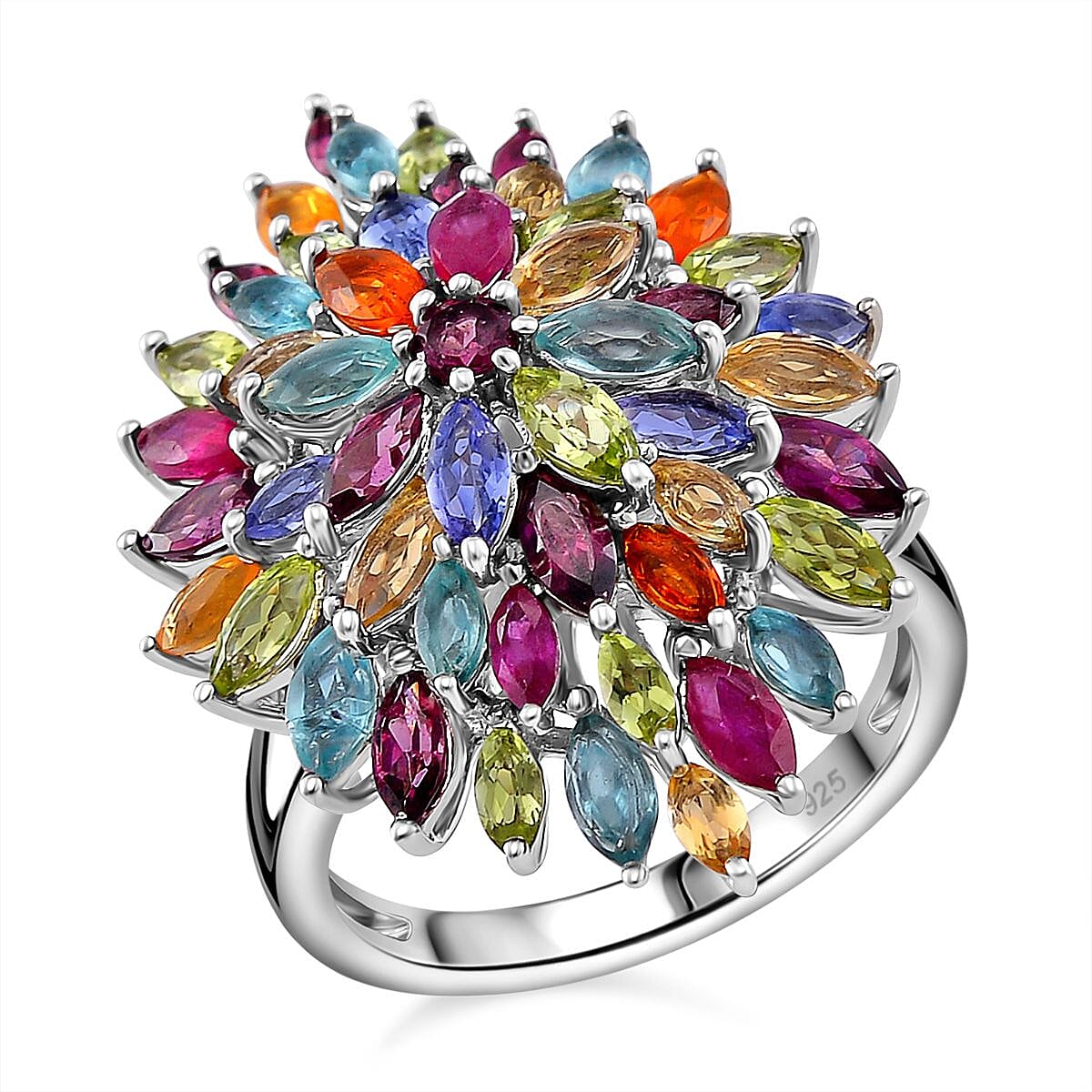 D'Joy Multi Gemstone Floral Spray Ring in Rhodium Over Sterling Silver 5.40 ctw (Size 5.5)
