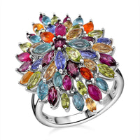 D'Joy Multi Gemstone Floral Spray Ring in Rhodium Over Sterling Silver 5.40 ctw (Size 5.5)