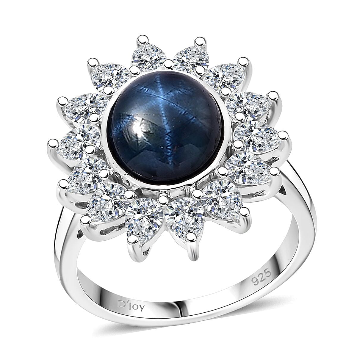 Blue Star Sapphire (DF), Moissanite Floral Ring in Rhodium Over Sterling Silver (Size 8.0) 8.00 ctw