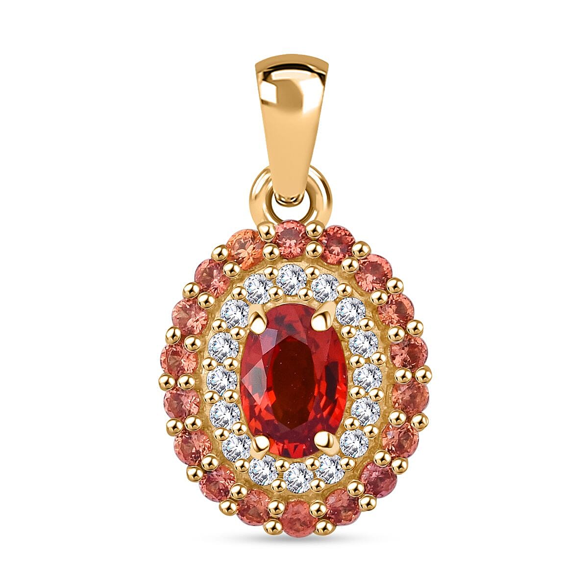 Luxoro AAA Songea Sapphire, Padparadscha Sapphire (BT) and G-H I2 Diamond 1.20 ctw Crimson Halo Pendant without Chain in 10K Yellow Gold