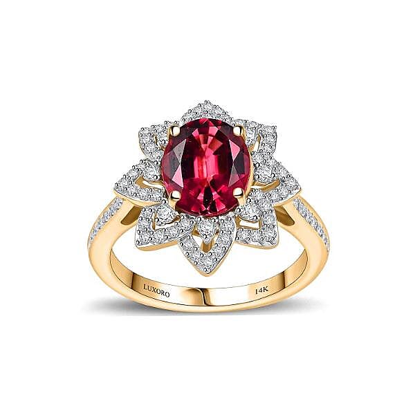 Doorbuster Certified & Appraised Luxoro AAA Ouro Fino Rubellite and G-H I2 Diamond 2.73 ctw Ring in 14K Yellow Gold (Size 10.0) 4.50 Grams (Del. in 7-10 Days)