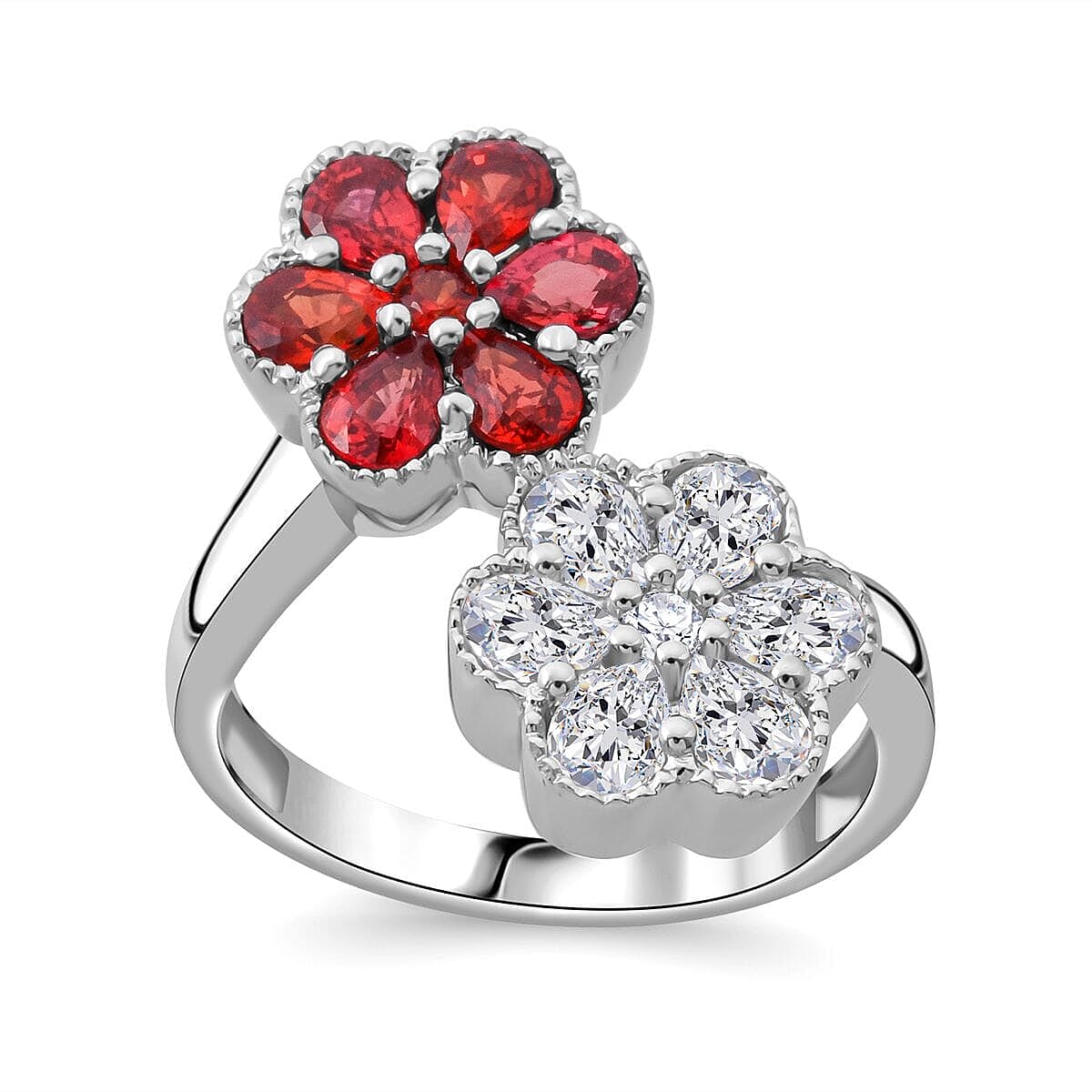Premium Red Sapphire, Moissanite Ring in Rhodium Over Sterling Silver (Size 5.0) 2.30 ctw