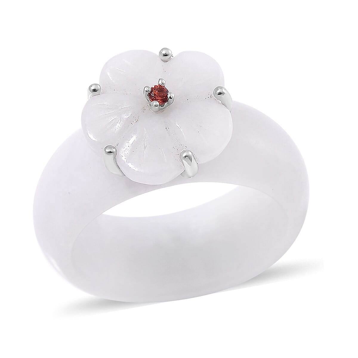 White Jade Carved, Mozambique Garnet Floral Ring in Sterling Silver (Size 11.0) 37.10 ctw