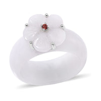 White Jade Carved, Mozambique Garnet Floral Ring in Sterling Silver (Size 11.0) 37.10 ctw