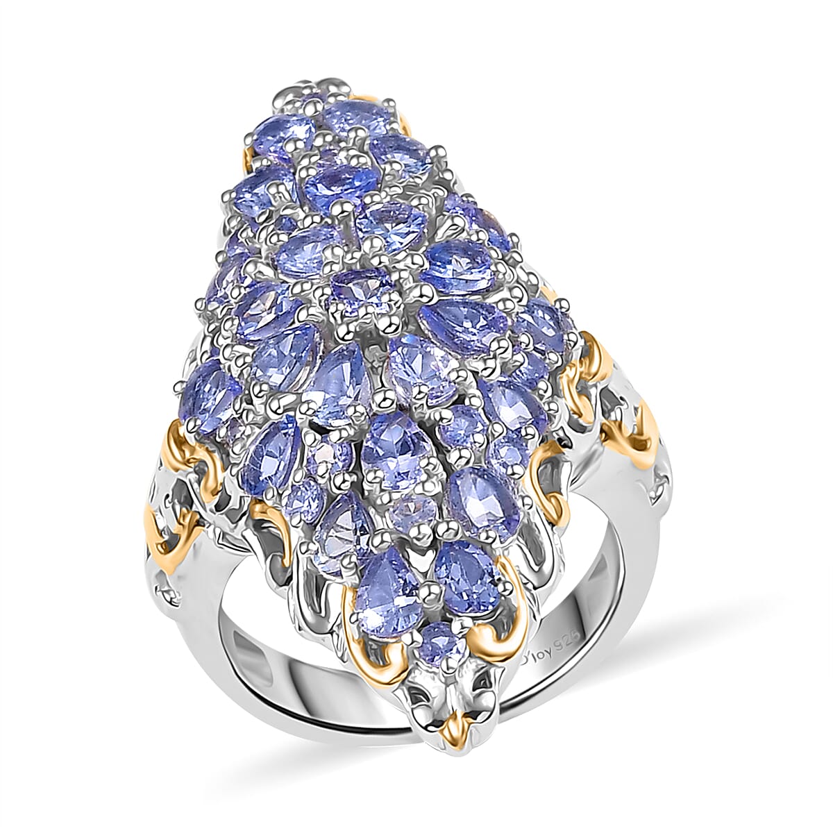 Tanzanite 4.15 ctw Cluster Ring in 18K Vermeil YG and Rhodium Over Sterling Silver (Size 10.0)