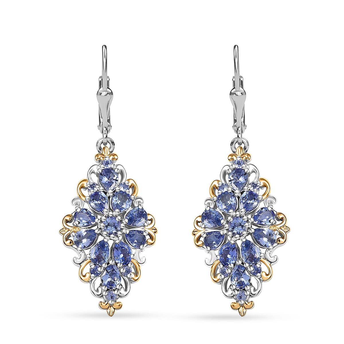 Tanzanite 3.35 ctw Lever Back Earrings in Vermeil YG and Rhodium Over Sterling Silver