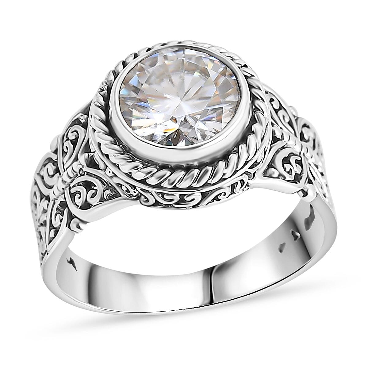 Bali Legacy Moissanite (Rnd 9mm) Butterfly Ring in Sterling Silver (Size 8.0) 2.50 ctw