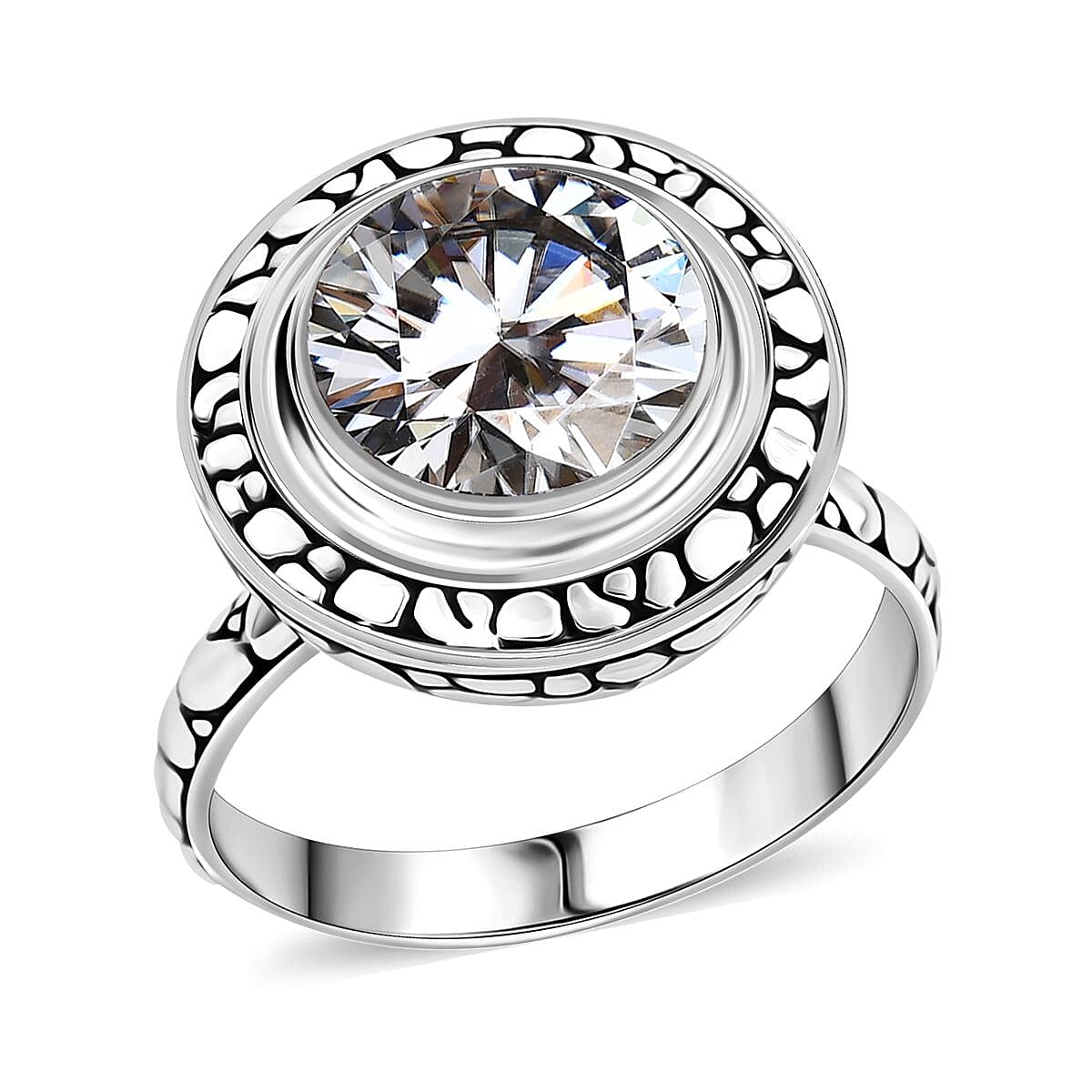 Bali Legacy Moissanite (Rnd 11mm) Pebble Texture Ring in Sterling Silver (Size 8.0) 4.50 ctw