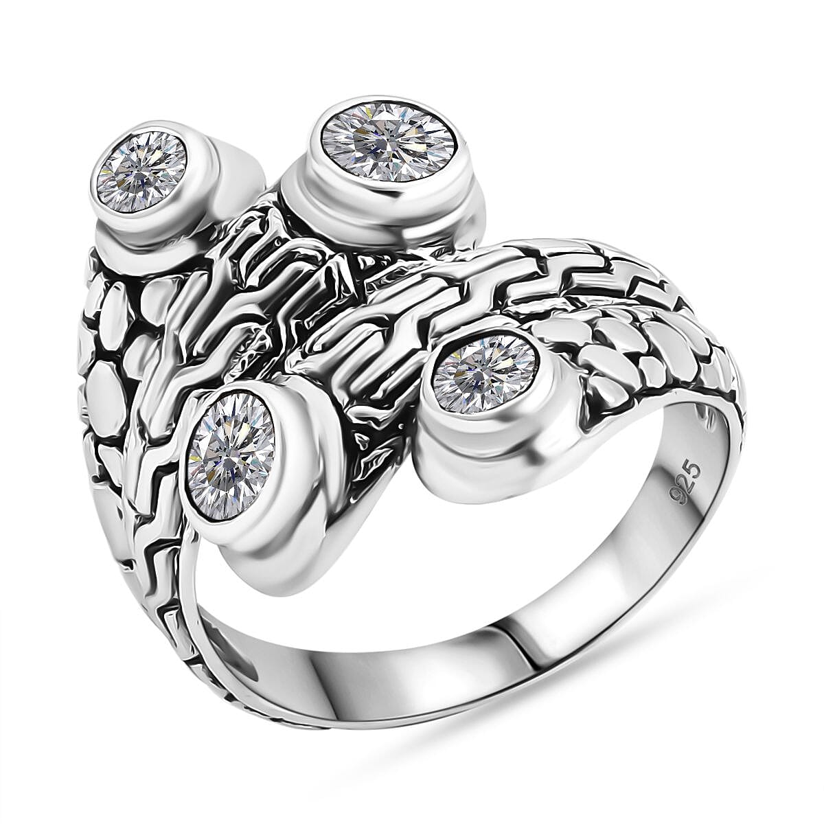 Bali Legacy Moissanite (Rnd 5mm) Tulangnaga with Pebble Bypass Ring in Sterling Silver (Size 8.0) 1.35 ctw