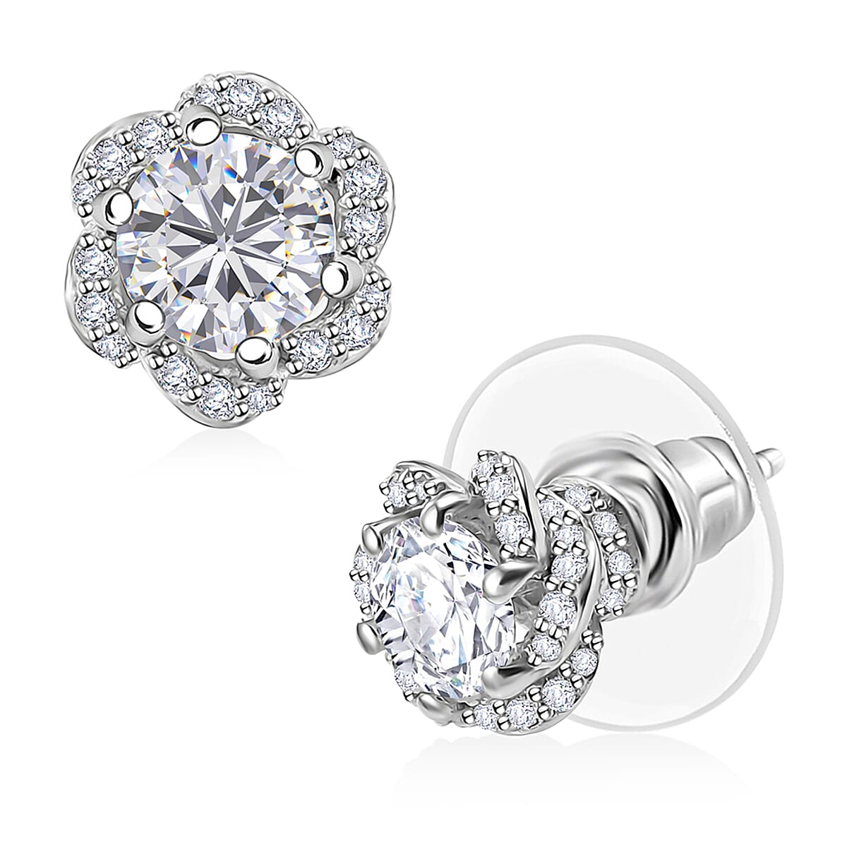 J Francis Embellished with 120 Facet Zirconia by Swarovski 3.85 ctw Solitaire Stud Earrings in Rhodium Over Sterling Silver