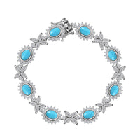 TLV Sleeping Beauty Turquoise, White Zircon Sunburst Halo Bracelet in Rhodium Over Sterling Silver (7.25 In) 14.90 ctw