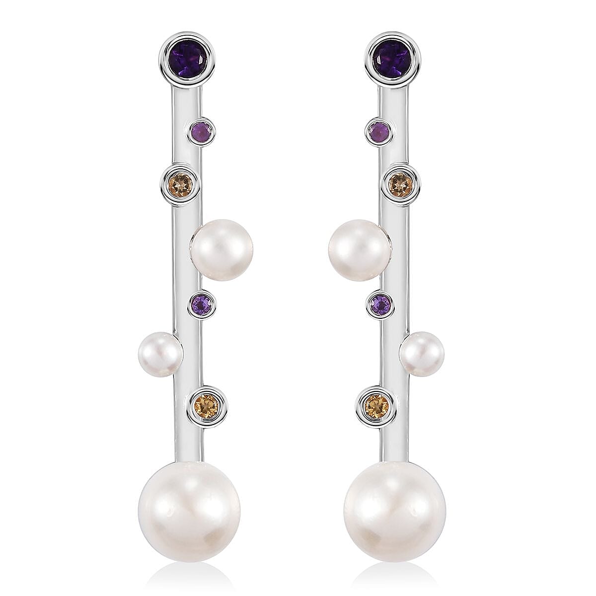 D'Joy Freshwater Pearl and Multi Gemstone 0.40 ctw Earrings in Platinum Over Sterling Silver
