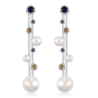 D'Joy Freshwater Pearl and Multi Gemstone 0.40 ctw Earrings in Platinum Over Sterling Silver