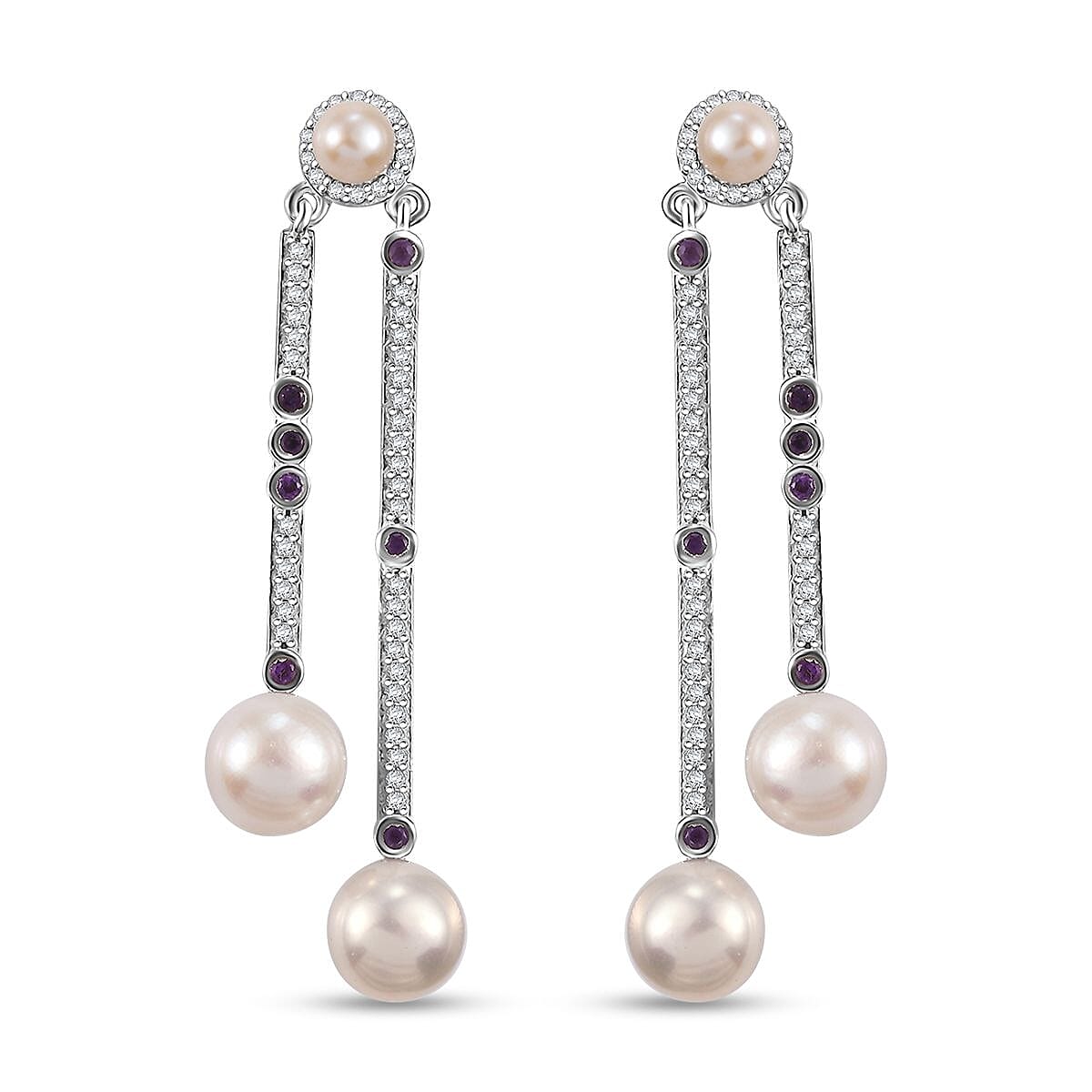 D'Joy Freshwater Pearl and Multi Gemstone 15.75 ctw Earrings in Platinum Over Sterling Silver