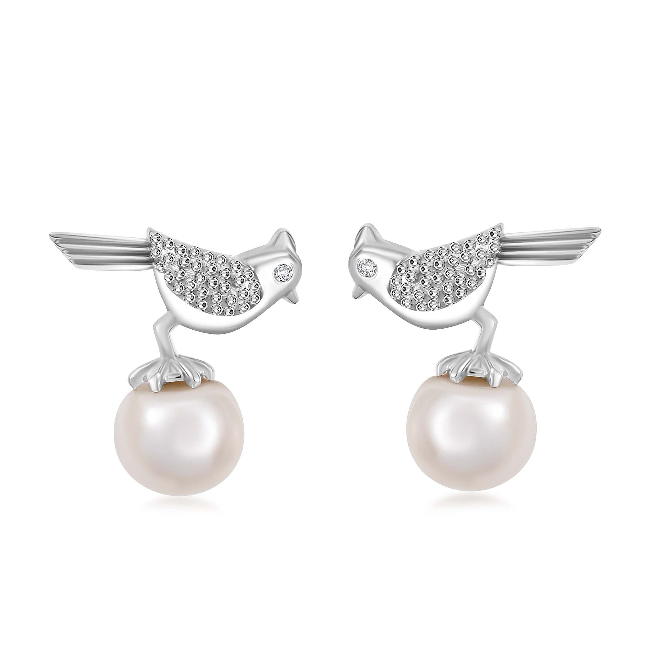D'Joy Freshwater Pearl and Moissanite Bird Earrings in Platinum Over Sterling Silver