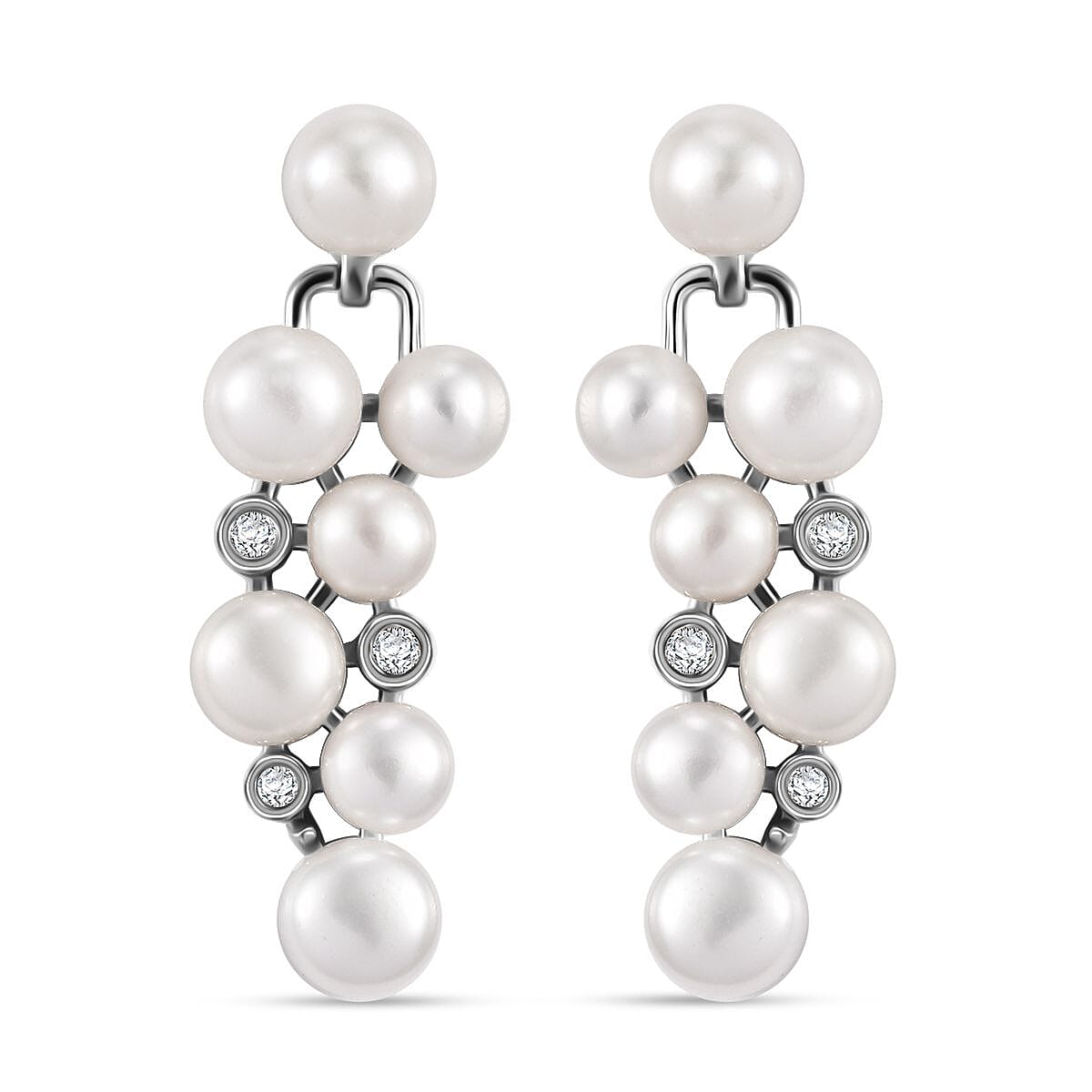 Freshwater Pearl, Moissanite Earrings in Platinum Over Sterling Silver 0.10 ctw