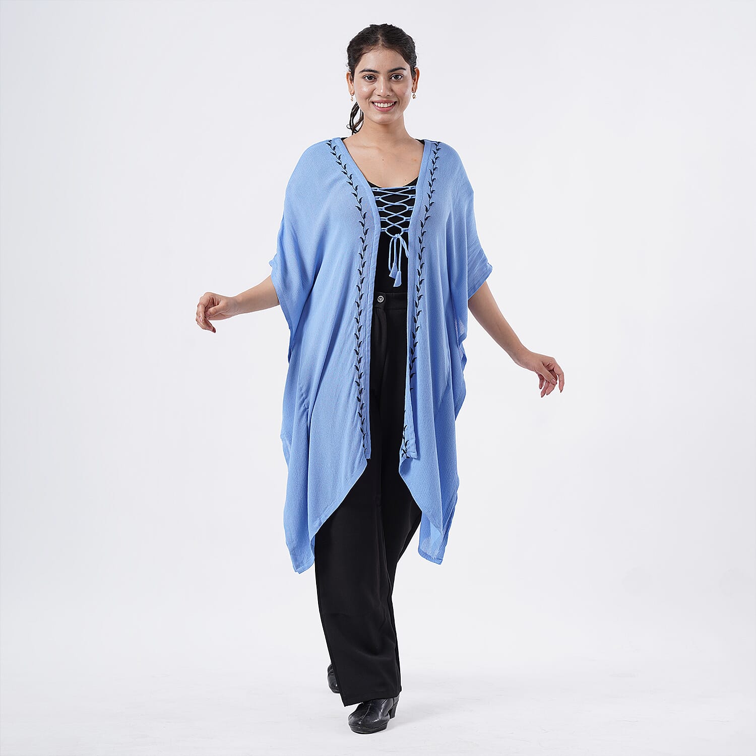 TAMSY Black Embroidered Kaftan with Open Front Neck Tie - One Size Fits Most