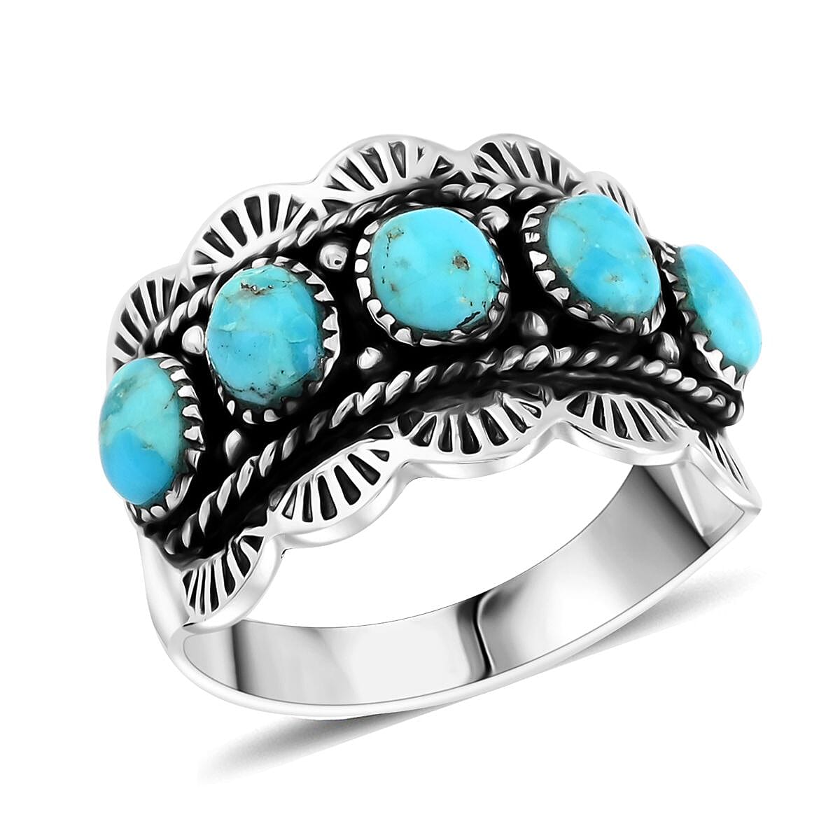 Santa Fe Style Kingman Turquoise 5 Stone Ring in Sterling Silver (Size 10.0) 3.35 ctw