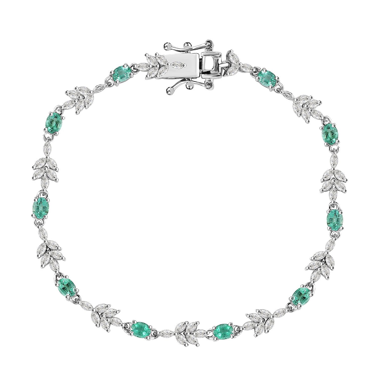 D'Joy Boyaca Colombian Emerald and Moissanite 3.50 ctw Leaves Bracelet in Rhodium Over Sterling Silver (7.25 In)
