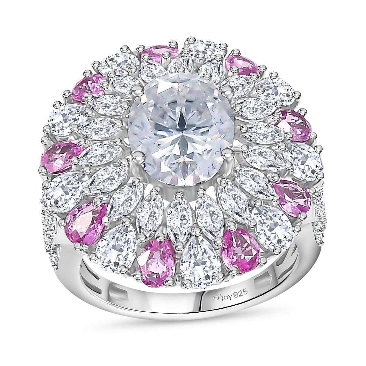 Moissanite (Ovl 10x8mm), Madagascar Pink Sapphire Ring in Rhodium Over Sterling Silver (Size 10.0) 7.90 ctw