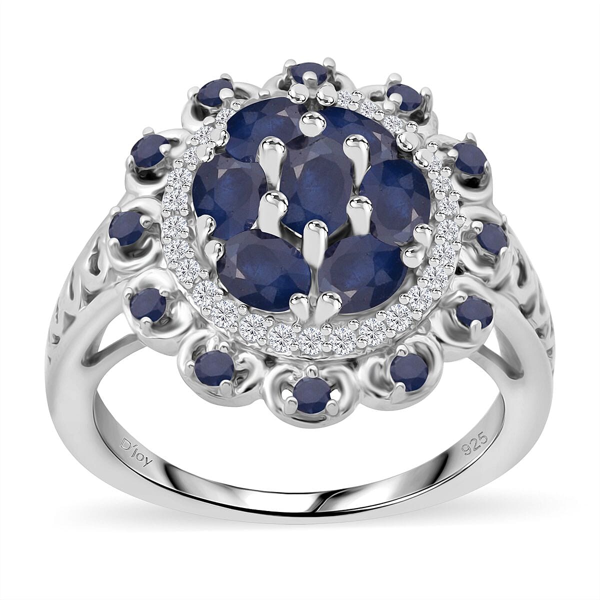 Kanchanaburi Blue Sapphire, White Zircon Ring in Rhodium Over Sterling Silver (Size 10.0) 2.25 ctw