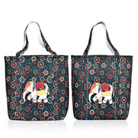 Set Of 2 Blue Vivid Digital Elephant Printed Fabric Tote Bag (17.75"x13"x6.35", 16.75"x12.25"x5.35")