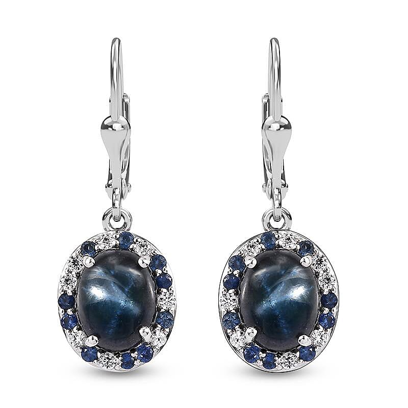 Blue Star Sapphire (DF) and Multi Gemstone 7.30 ctw Celestial Earrings in Rhodium Over Sterling Silver