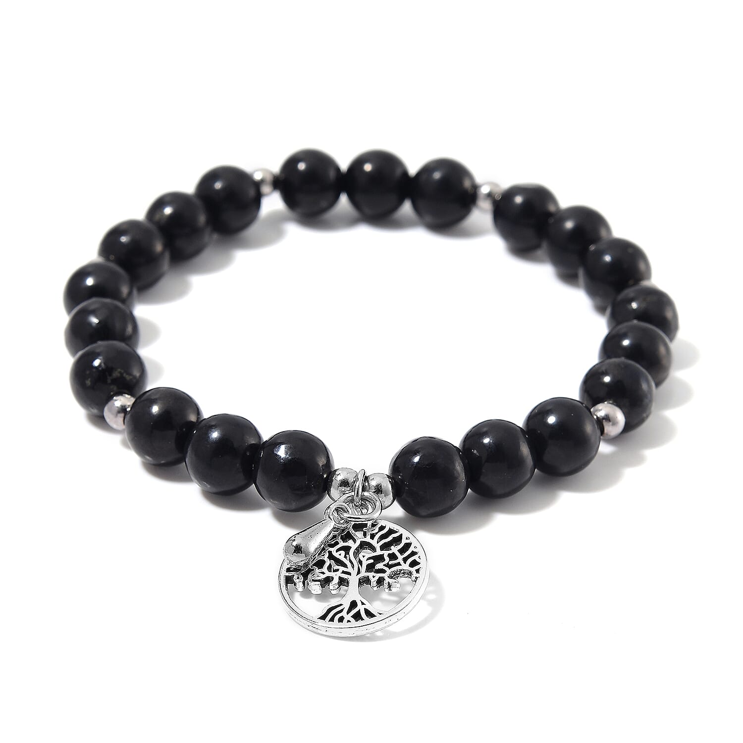 Shungite Beaded Stretch Bracelet with Tree of Life in Silvertone 70.00 ctw