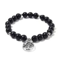 Shungite Beaded Stretch Bracelet with Tree of Life in Silvertone 70.00 ctw