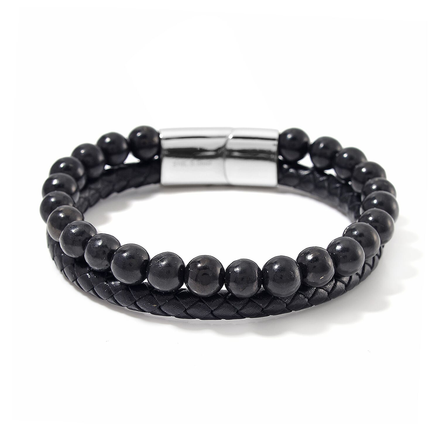 Shungite, Leather Cord Bracelet Bracelet in Stainless Steel (8.00 In) 90.00 ctw