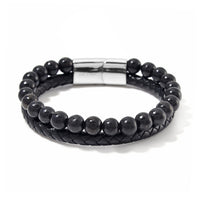 Shungite, Leather Cord Bracelet Bracelet in Stainless Steel (8.00 In) 90.00 ctw