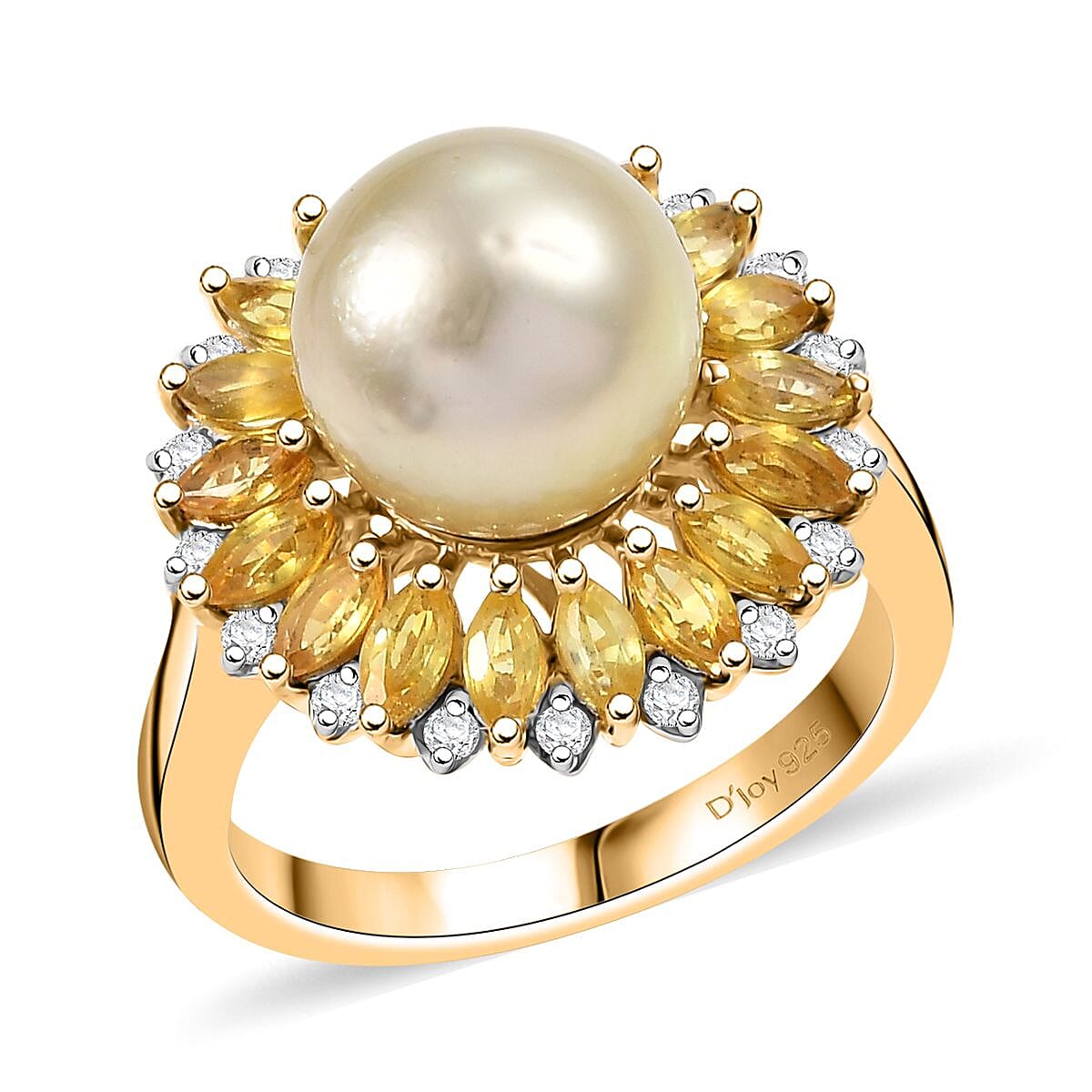 D'Joy South Sea Golden Cultured Pearl and Multi Gemstone 2.00 ctw Ring in 18K Vermeil Yellow Gold Over Sterling Silver
