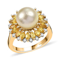 D'Joy South Sea Golden Cultured Pearl and Multi Gemstone 2.00 ctw Ring in 18K Vermeil Yellow Gold Over Sterling Silver