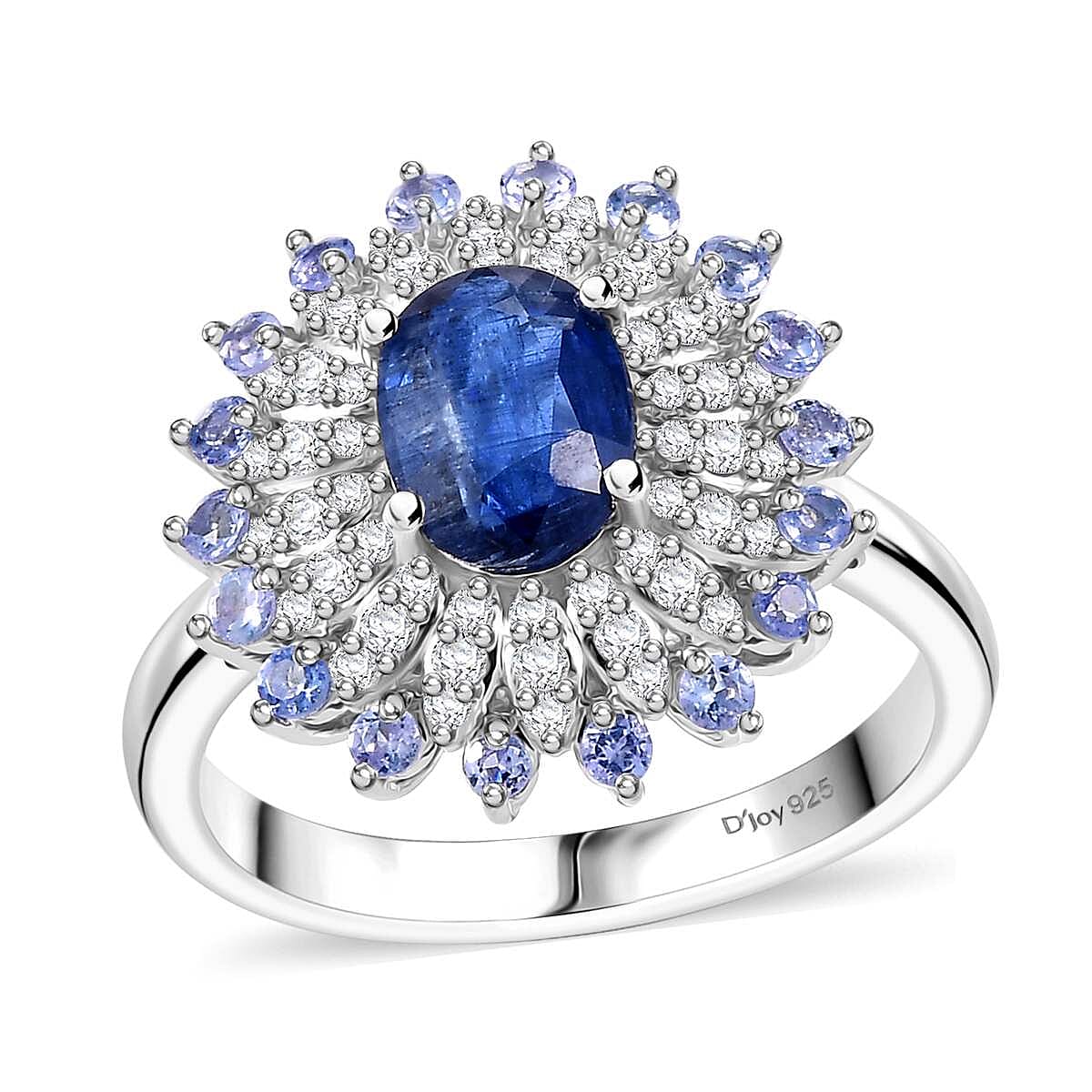 Kashmir Kyanite, Multi Gemstone Floral Ring in Rhodium Over Sterling Silver (Size 10.0) 2.40 ctw