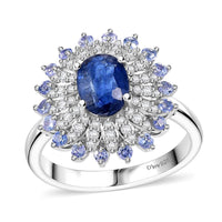 Kashmir Kyanite, Multi Gemstone Floral Ring in Rhodium Over Sterling Silver (Size 10.0) 2.40 ctw